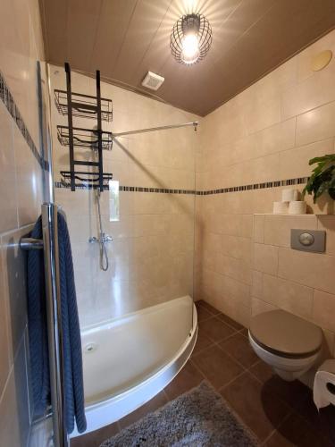 a bathroom with a white tub and a toilet at Bed and Breakfast Goeree Overflakkee in Sommelsdijk