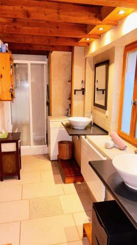 une grande salle de bain avec deux lavabos et une douche dans l'établissement L'Écrin Savoyard, à Bonne