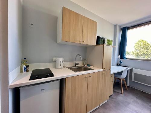 eine kleine Küche mit Holzschränken und einer Spüle in der Unterkunft Studio 63 Rénové et Équipé - Nancy Brabois proche CHRU,CESI,FAC in Vandoeuvre-lès-Nancy