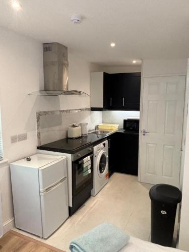 a kitchen with a stove and a washing machine at Hawthorne Barn in Lingwood