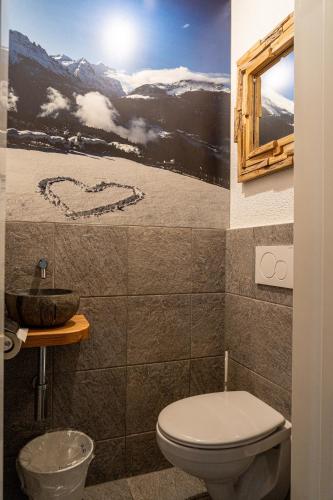 a bathroom with a toilet and a picture of a mountain at Family & Mountain Lodge C'est la Vie in Hasliberg
