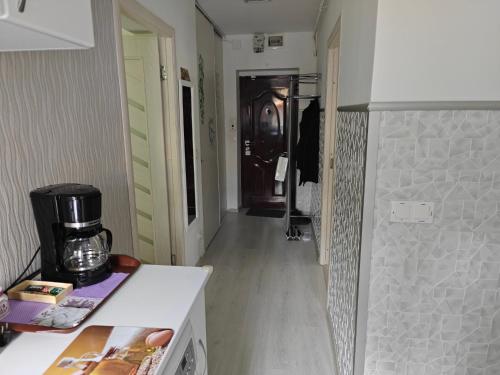 una cucina con un corridoio con cabina doccia di HANA Apartament a Târgu-Mureş