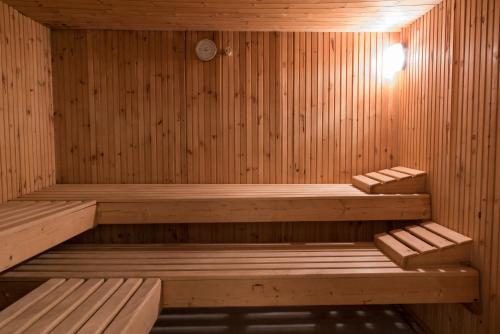 a wooden sauna with two wooden benches in it at Biker Hotel Al Gallo Forcello in Passo Pramollo