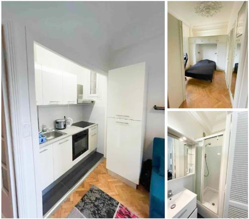 une cuisine avec des armoires blanches et un évier dans l'établissement studio nice liberation, à Nice