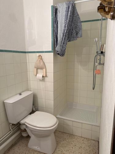 une salle de bain avec toilettes et baignoire dans l'établissement LE BOHÈME - balcon vue jardin - clim - place de parking - wifi - 5min plage, à La Grande Motte