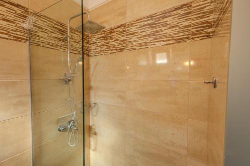 a shower with a glass door in a bathroom at Knights' Castle Studios in Archangelos