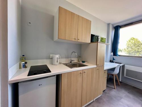 eine kleine Küche mit Holzschränken und einer Spüle in der Unterkunft Studio 65 Rénové et Équipé - Nancy Brabois proche CHRU,CESI,FAC in Vandoeuvre-lès-Nancy