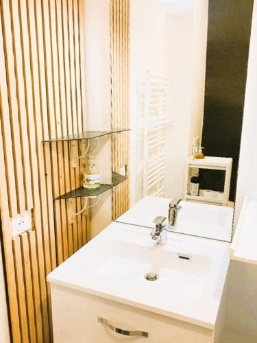 une salle de bain avec un lavabo blanc et un miroir dans l'établissement Studio Monet - Petite terrasse - Parking Privatif, à Sainte-Adresse