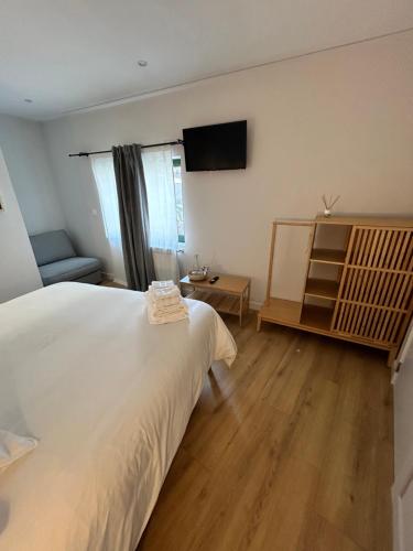 a bedroom with a bed and a tv on the wall at Pensión do Catro in Puebla de Trives