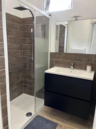 une salle de bain avec un lavabo et une douche dans l'établissement Le Luxembourg, à Villeurbanne