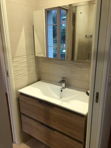 une salle de bain avec un lavabo et un miroir dans l'établissement Appartement T4 121 m2 Georges 1er centre-ville 3 chambres, à Aix-les-Bains