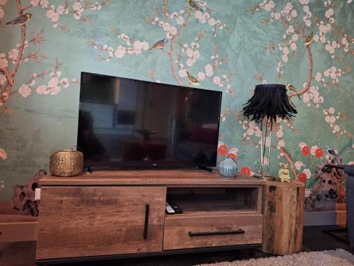 a television on a wooden entertainment center in a room at Boshuisje Het Bosnest - de Specht bungalow met privétuin op Hoefbos Otterlo Veluwe in Otterlo