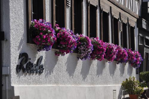 a bunch of purple flowers on a window sill at Hotel Rössle in Alpirsbach