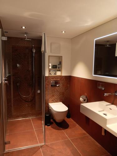 a bathroom with a shower and a toilet and a sink at Boutique Hotel Bellevue in Interlaken