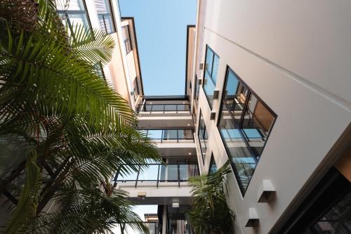 an external view of a building with a palm tree at The Edgerley Suites in Auckland