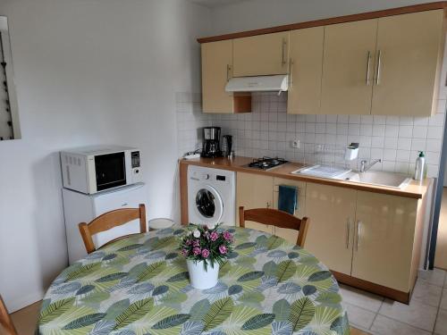 - une cuisine avec une table et une plante en pot dans l'établissement Gîte Au Fil Des Clos, à Céaux