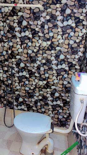 a bathroom with a toilet and a wall covered in rocks at TEC Resort and bar in Dharān Bāzār