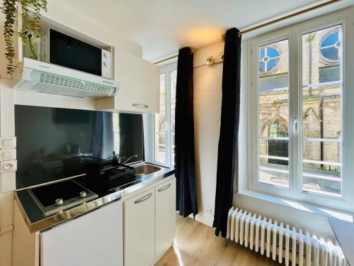 une cuisine avec évier et four micro-ondes ainsi qu'une fenêtre dans l'établissement Le Petit Guillaume, à Caen