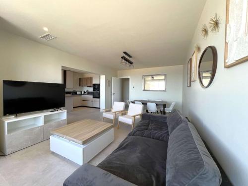 un salon avec un canapé et une télévision à écran plat dans l'établissement Le Rivage Appartement climatisé pour 6 personnes face à la mer- Le Pradet, au Pradet