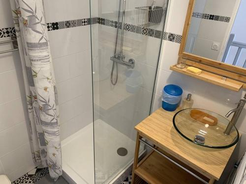 La salle de bains est pourvue d'une douche en verre. dans l'établissement Résidence sécurisée avec piscine, T2 duplex, parking privé, climatisation, à La Seyne-sur-Mer