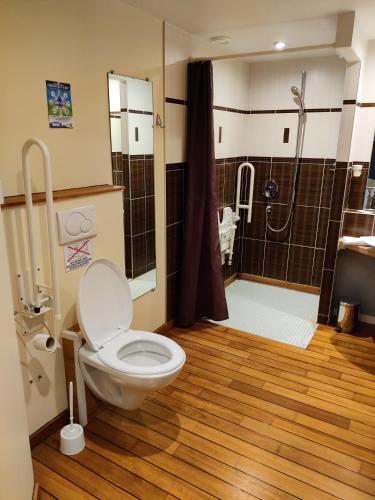 une salle de bain avec toilettes et douche dans l'établissement Hôtel Saint - Pierre, à Villedieu-les-Poêles