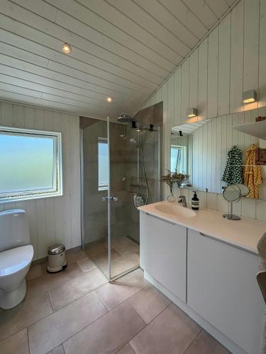 a bathroom with a toilet and a sink and a shower at Holiday Home With Fjord Views At Tuse Næs in Holbæk