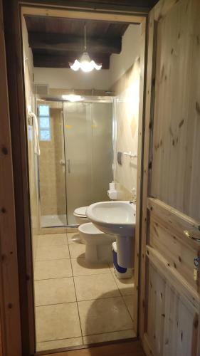 a bathroom with a sink and a toilet and a shower at Domo Gallus Zola in Galtellì