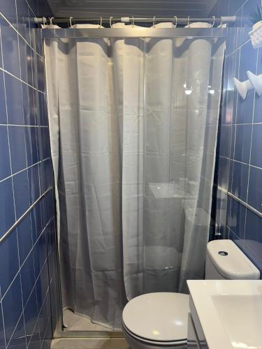 a bathroom with a toilet and a shower curtain at Sobreira Stone Cottage in Peso da Régua