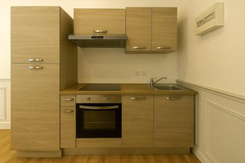 Elle comprend une petite cuisine avec des placards en bois et un évier. dans l'établissement Fontanières Charming studio on the edge of Lyon, à La Mulatière