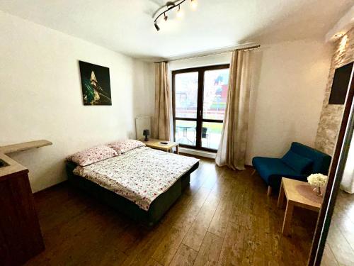 a bedroom with a bed and a chair and a window at Lakeside Promenade View Studios in Ostróda