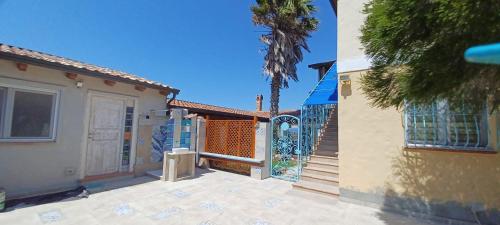 a house with a gate and a palm tree at Buena Vista in SantʼAntìoco