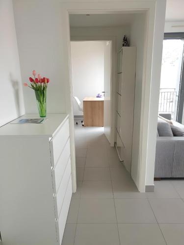 une cuisine blanche avec un vase de fleurs sur un comptoir dans l'établissement Modern Top-Floor Apartment with Terrace, Pool & Free Private Parking, à Roquebrune-Cap-Martin