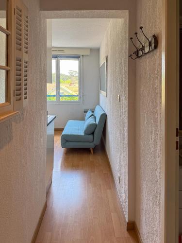 un salon avec un canapé bleu et une fenêtre dans l'établissement Les Papillons T2 Le Moulleau Arcachon plage à 50m, à Arcachon