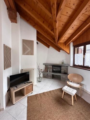 a living room with a television and a wooden ceiling at Anza Village - Steine Hüüs 1 in Vanzone