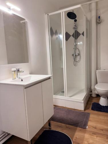 une salle de bain avec une douche, un lavabo et des toilettes dans l'établissement Les Jonquilles, à Marseille