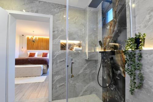 a bathroom with a walk in shower next to a bedroom at Franjković Premium Suite with Private Jacuzzi & Sauna in Seliste Dreznicko