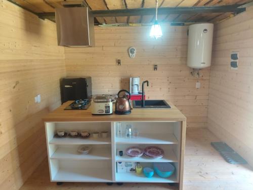 una piccola cucina con bancone in camera di Grotini a Ķipari