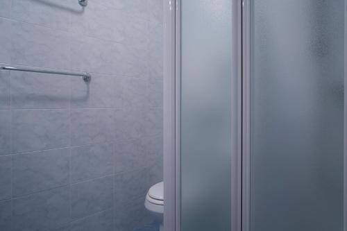 a bathroom with a toilet and a glass shower door at Villa Andreis in Malcesine