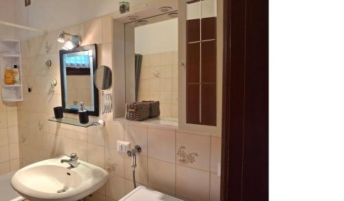 une salle de bain avec un lavabo et un miroir dans l'établissement Villetta singola con giardino Cottage Ghisallo zona Bellagio, à Magreglio
