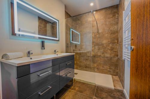 a bathroom with a sink and a shower at Maison La Fontaine in Gières