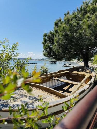 a boat sitting on the shore of a lake at Casa DeDa-Mare & Design on the Trabocchi Coast in Fossacesia