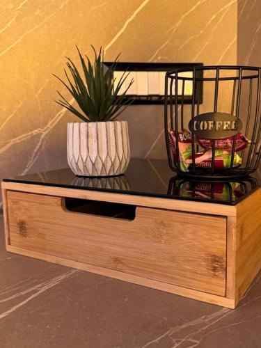 a coffee table with a plant on top of it at Casa DeDa-Mare & Design on the Trabocchi Coast in Fossacesia