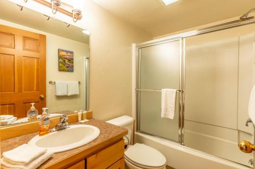 een badkamer met douche, wastafel en toilet bij Gray Wolf 4 in Whitefish