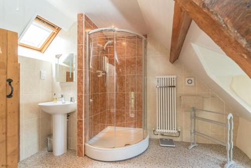 a bathroom with a shower and a sink at Bwthyn-Betws in Dolbenmaen