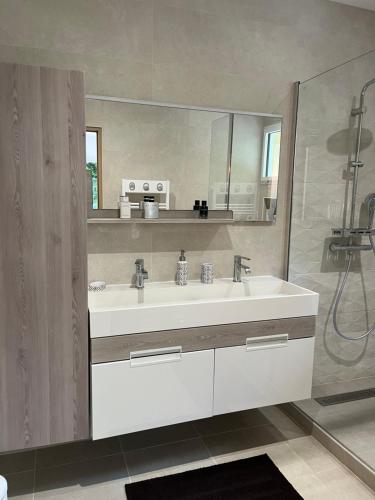 a bathroom with a white sink and a mirror at Maison au vert-Entre-Deux-Mers, Repos et confort au coeur de la nature in Cursan