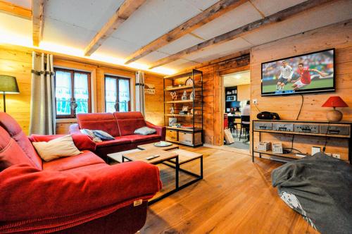 a living room with two couches and a tv at Chalet La Scie in Morgins