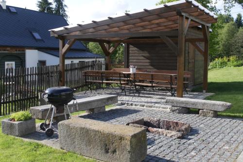 a grill and a picnic table in a backyard at Doubický Venkov in Doubice