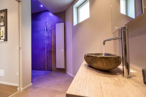 a bathroom with a stone sink and a shower at Locanda Monte Baldo in Malcesine