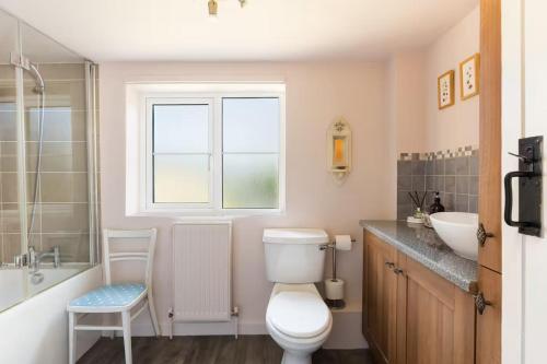 a bathroom with a toilet and a sink at Pass the Keys Cosy Cottage 17th century Garden Parking in Bourton on the Hill