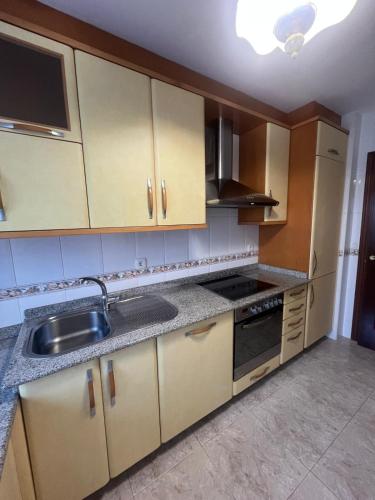 a kitchen with wooden cabinets and a sink at As Marismas - Miño in Miño